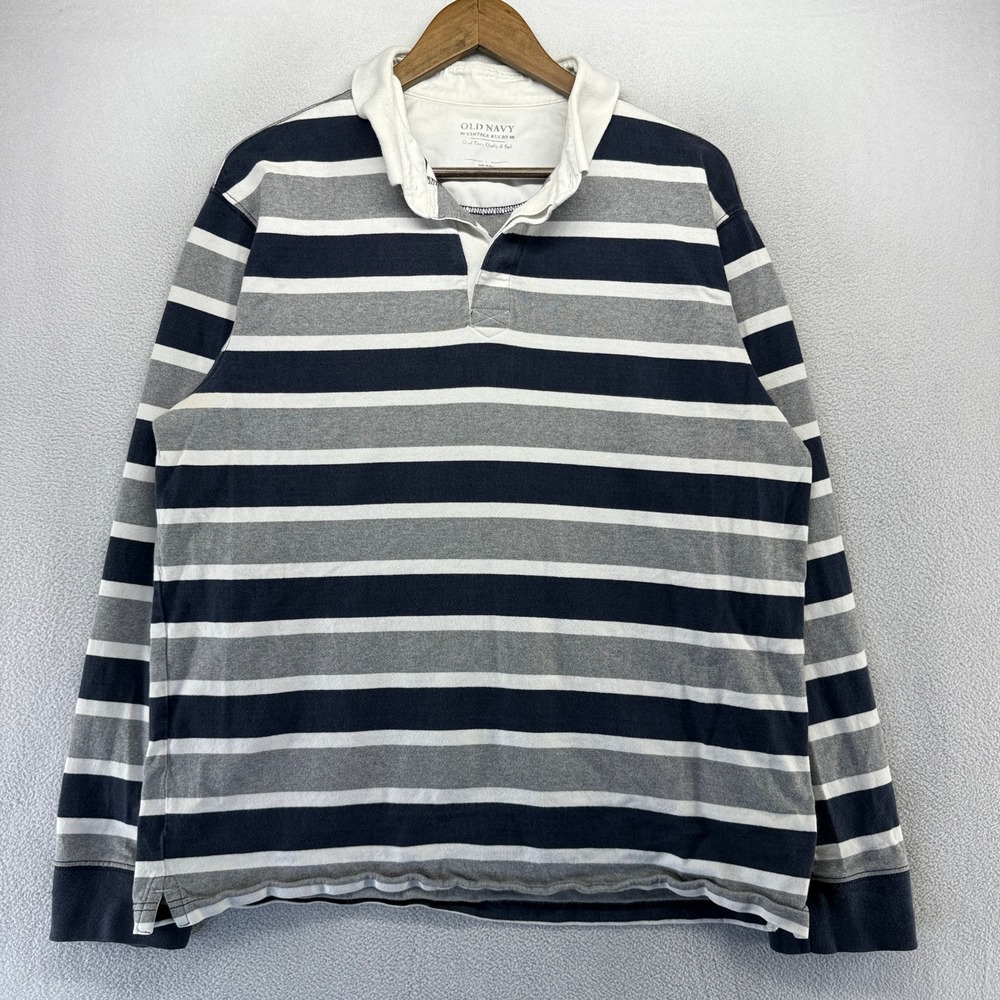 Vintage Old Navy Rugby Shirt Mens Large Blue Gray Striped Thick Heavyweight 90s